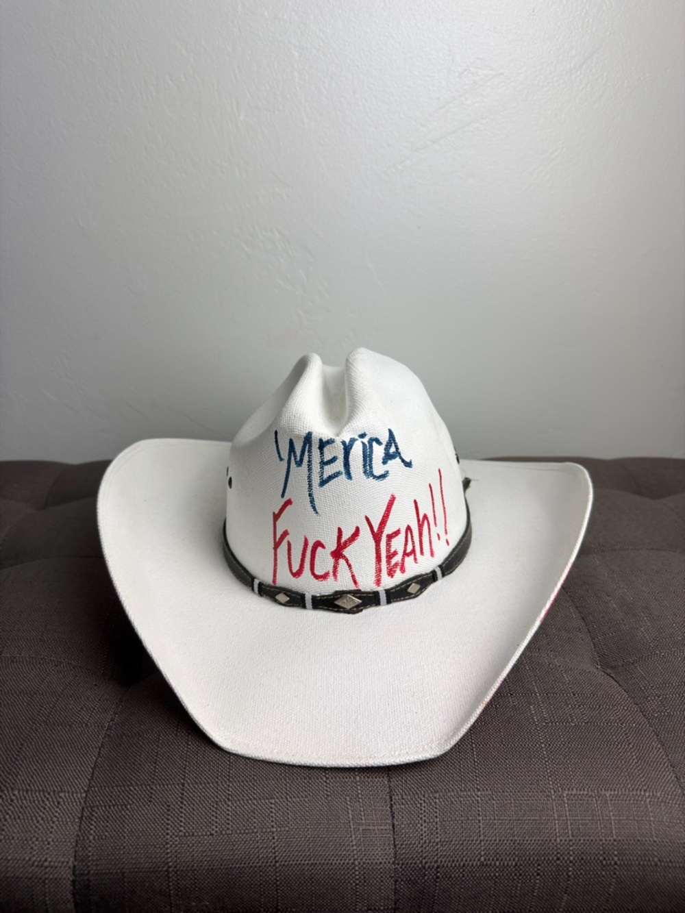 White Cowboy Hat “Merica F*ck Yeah” Hand Painted Patriotic Western Hat